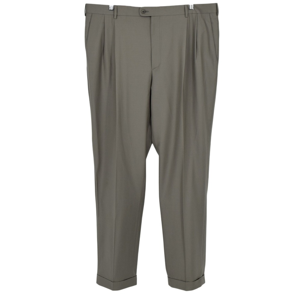 Zanella Bennett Mens 41x34 Pleated Dress Pants Super 120s Wool Olive Trousers
